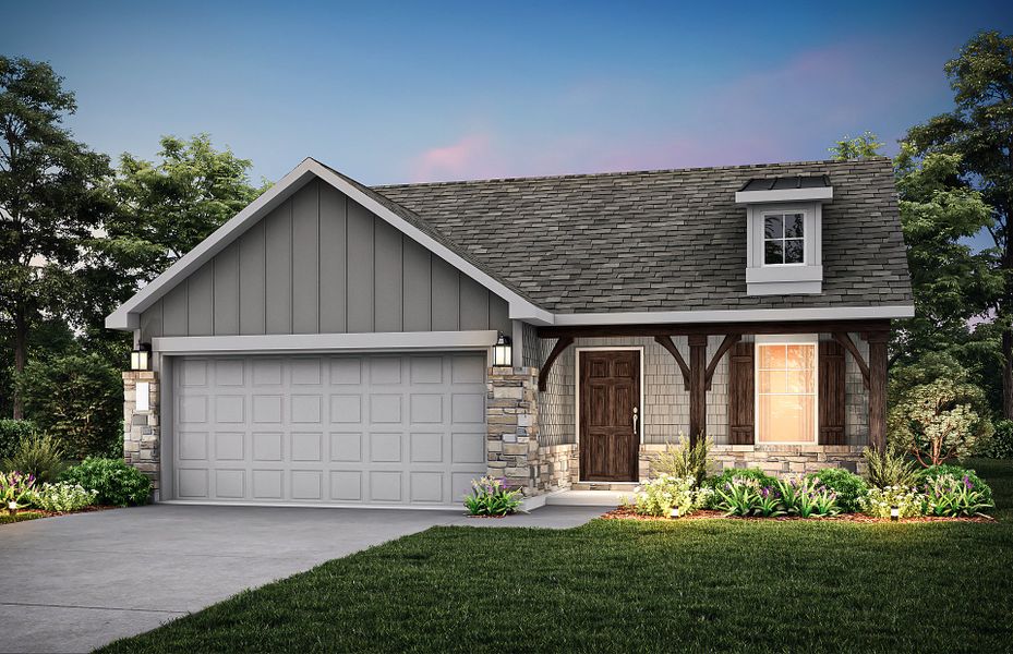 The Hewitt, a one-story home with 2-car garage, shown with Home Exterior 28