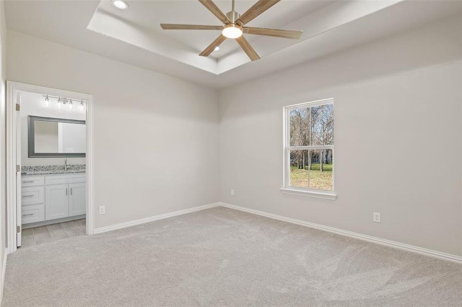 Unfurnished room with light colored carpet, ceiling fan, a tray ceiling, and sink Unfurnished room with light colored carpet, ceiling fan, a tray ceiling, and sink