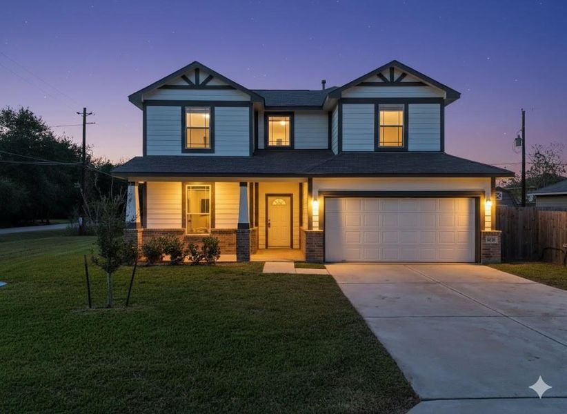 Front exterior of a new home in Mecom Way, Hitchcock, TX, highlighting curb appeal (Image 27). Front exterior of a new home in Mecom Way, Hitchcock, TX, highlighting curb appeal (Image 27).
