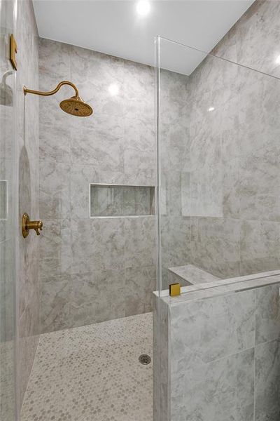 Generous shower with vintage hardware Generous shower with vintage hardware