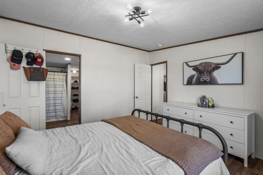 Bedroom featuring crown molding, wood finished floors, a textured ceiling, and a decorative wall