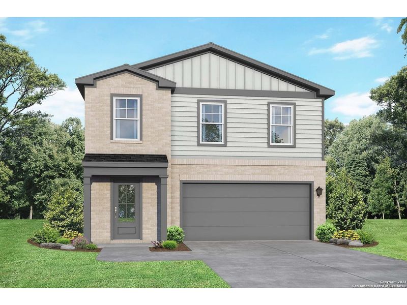 Front exterior of a new home in Applewhite Meadows, San Antonio, TX, highlighting curb appeal (Image 1). Front exterior of a new home in Applewhite Meadows, San Antonio, TX, highlighting curb appeal (Image 1).