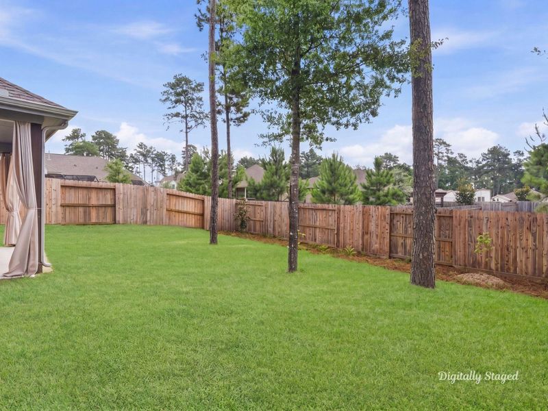 Large grassy backyard enclosed by a wood privacy fence and dotted with mature pines. Generous open space in a peaceful, tree-lined setting. This photo has been digitally staged to illustrate the possibilities of the home's aesthetic and potential design. Some furnishings and décor shown are for visual inspiration.