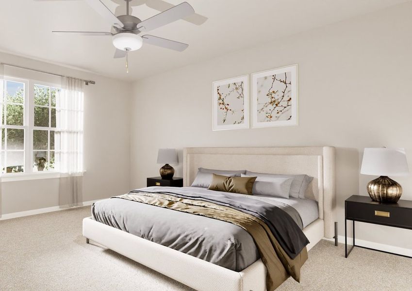 A tranquil bedroom features a large bed with gray and brown bedding, flanked by two black nightstands. Sunlight streams through a window with sheer curtains. A tranquil bedroom features a large bed with gray and brown bedding, flanked by two black nightstands. Sunlight streams through a window with sheer curtains.