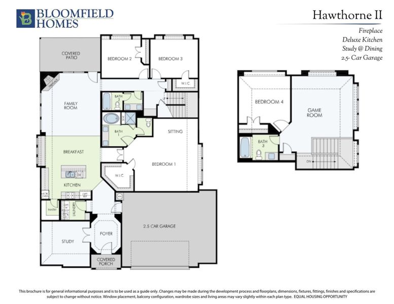 Bloomfield Homes Hawthorne II floor plan showing four bedrooms, kitchen, family room, game room, and 2.5-car garage layout.