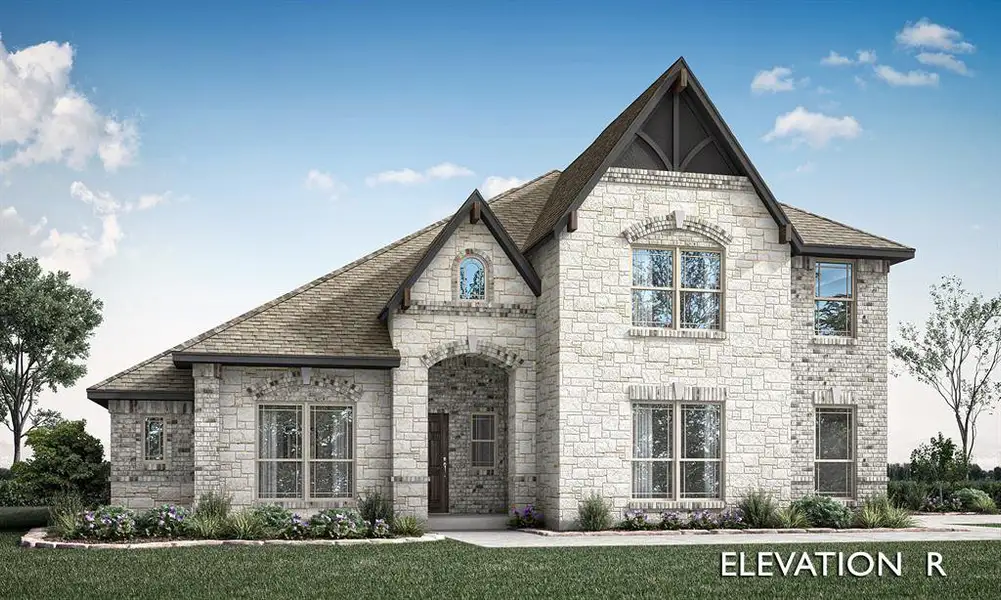 Front exterior of a new home in Triple Diamond Ranch, Mansfield, TX, highlighting curb appeal (Image 1). Front exterior of a new home in Triple Diamond Ranch, Mansfield, TX, highlighting curb appeal (Image 1).