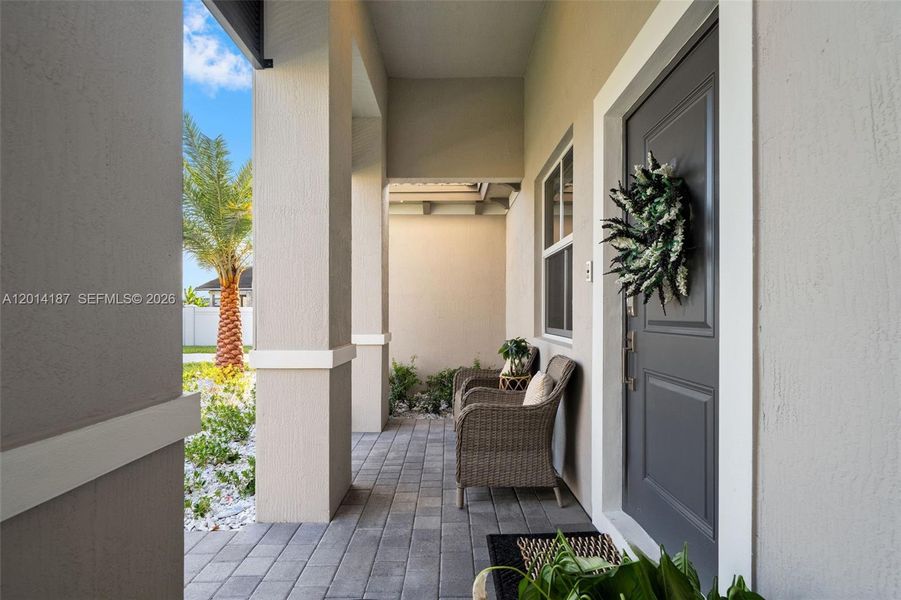 Exterior details and patio area of a home in Hawthorne at Galiano Pointe, Miami (Image 23). Exterior details and patio area of a home in Hawthorne at Galiano Pointe, Miami (Image 23).