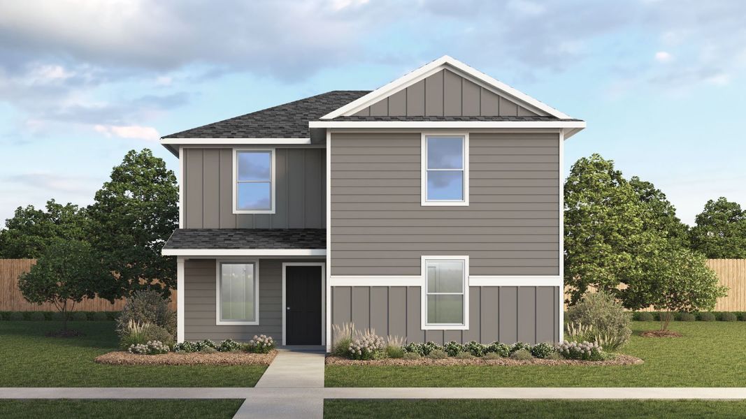Representative exterior photo of a completed home built from the The Sapphire by D.R. Horton in Prairie Lakes, Buda, TX (Image 1). Representative exterior photo of a completed home built from the The Sapphire by D.R. Horton in Prairie Lakes, Buda, TX (Image 1).