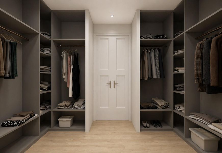 Custom walk-in his/her closet designed for organization and style. Custom walk-in his/her closet designed for organization and style.