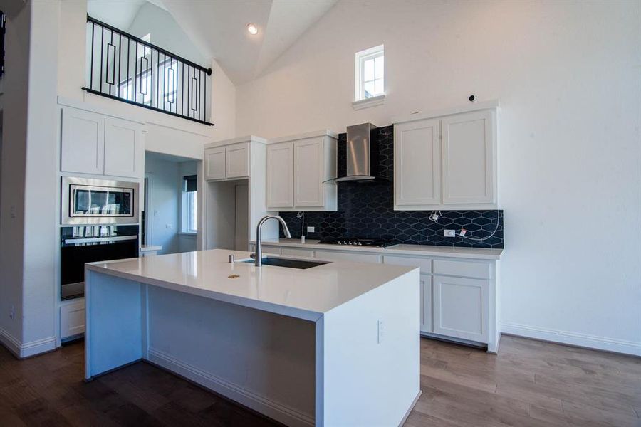 Kitchen with high vaulted ceiling, a center island with sink, sink, wall chimney exhaust hood, and appliances with stainless steel finishes