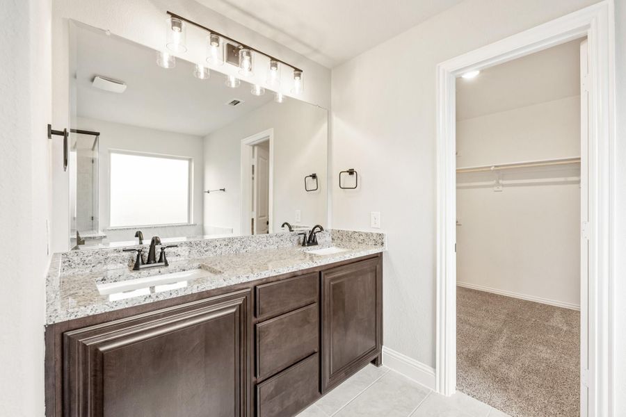 Bathroom with double sink vanity, granite countertop, dark wood cabinets, and walk-in closet doorway visible Bathroom with double sink vanity, granite countertop, dark wood cabinets, and walk-in closet doorway visible