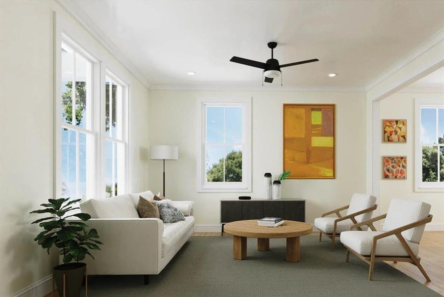 Sitting room featuring crown molding, wood finished floors, a ceiling fan, and recessed lighting