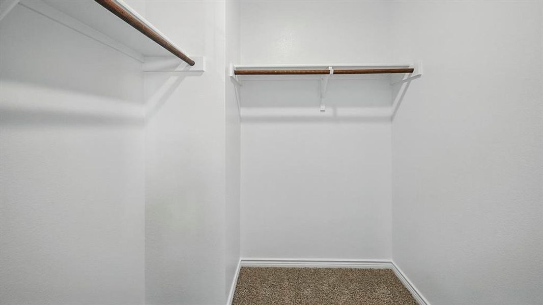 Interior closet featuring neutral-toned carpeting, white baseboards, and two wood-finish hanging rods with white shelving Interior closet featuring neutral-toned carpeting, white baseboards, and two wood-finish hanging rods with white shelving