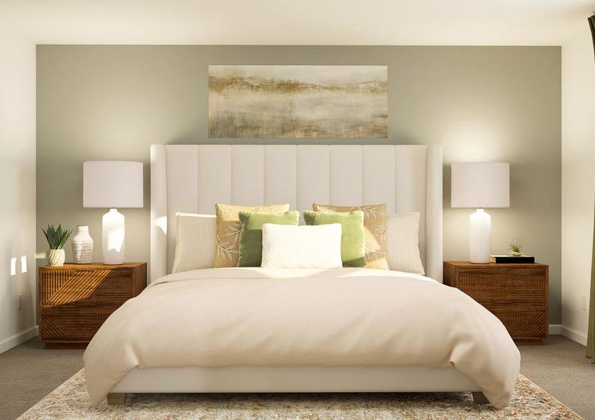 Rendering of a master bedroom furnished
  with a large white bed and two side tables.Â