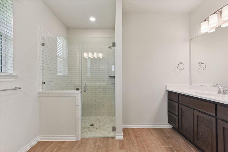 Bathroom with wood tiled floors, vanity, and a shower stall Bathroom with wood tiled floors, vanity, and a shower stall