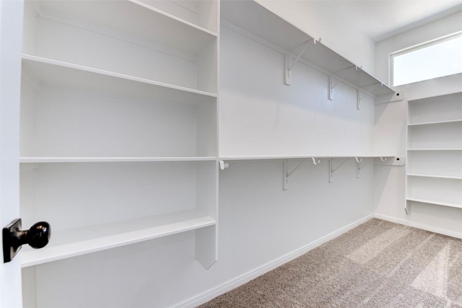 Spacious walk-in closet featuring extensive built-in shelving and double hanging rods, offering ample storage and organization for both everyday wear and seasonal items.