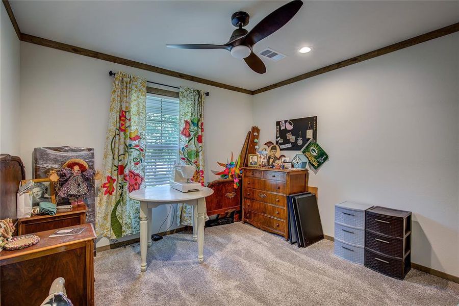 Split bedrooms offer privacy. Bedroom 3 has crown molding, carpet, a ceiling fan, and recessed lighting
