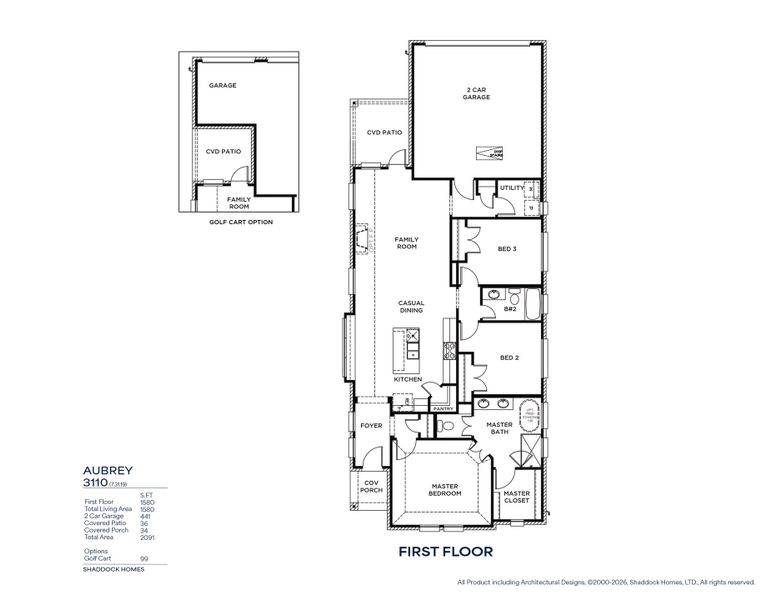 2D floor plan layout for the Aubrey - SH 3110 by Shaddock Homes in Cottages of Celina, Celina, TX (Image 3).
