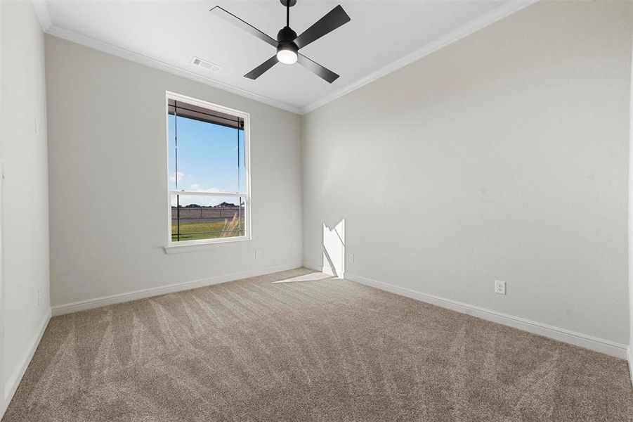 Carpeted spare room with ceiling fan and crown molding