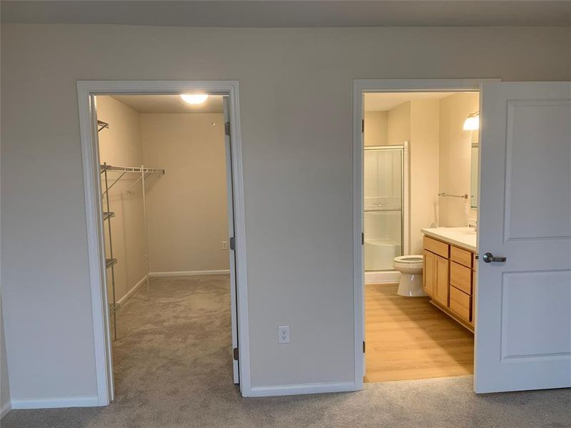 The primary bedroom featuring walk-in closet and double-sink bathroom