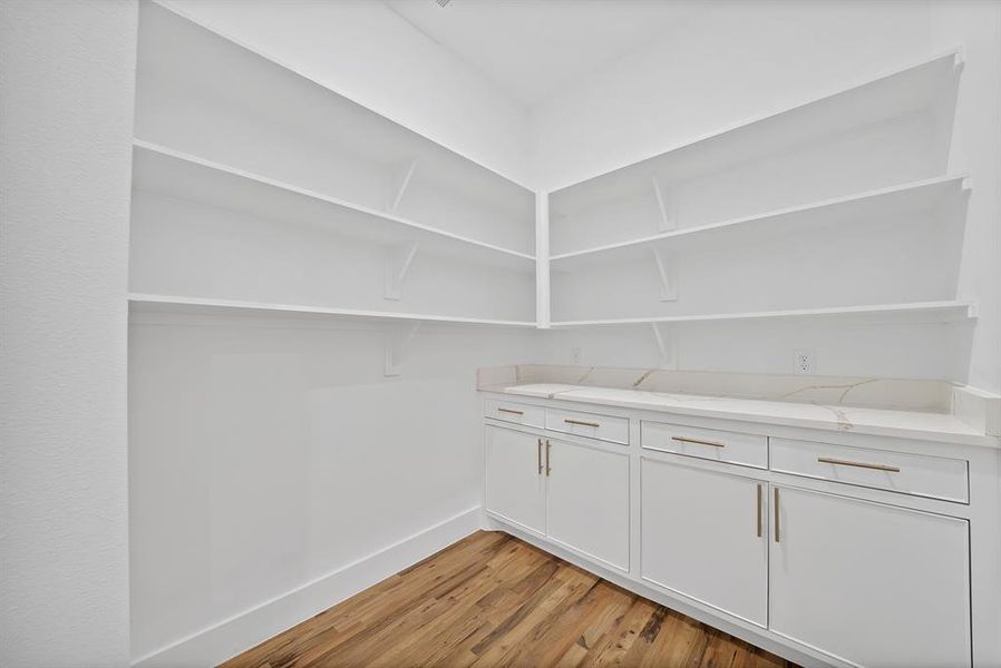 This pantry features extensive white shelving, white base cabinets with gold-toned hardware, and a light-toned countertop with veining