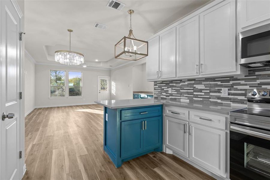Kitchen with a tray ceiling, appliances with stainless steel finishes, white cabinetry, and decorative backsplash