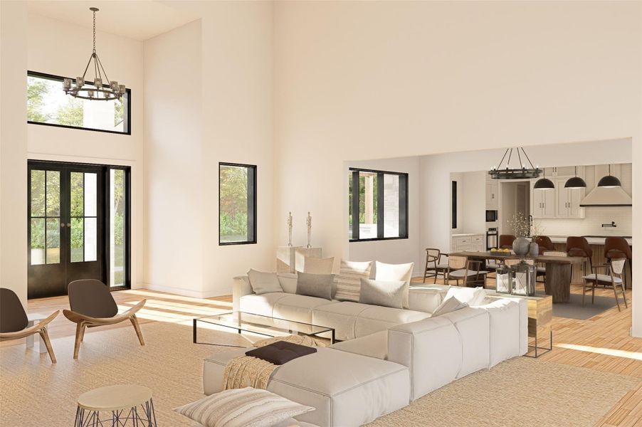 Rendering of living room to kitchen view, with 2 story ceiling. Rendering of living room to kitchen view, with 2 story ceiling.