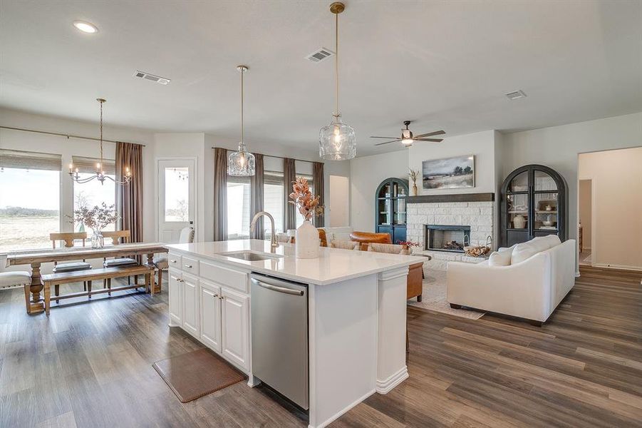 Kitchen open to dining and living rooms