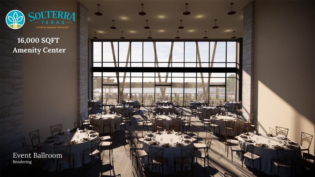 Grand ballroom featuring a soaring ceiling, floor-to-ceiling windows, dark wood-finish flooring, and recessed ceiling lighting