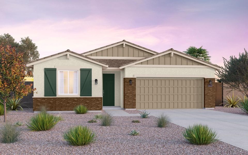 Representative exterior photo of a completed home built from the Lantana by Brookfield Residential in Laurel at Blossom Rock, Apache Junction, AZ (Image 14). Representative exterior photo of a completed home built from the Lantana by Brookfield Residential in Laurel at Blossom Rock, Apache Junction, AZ (Image 14).