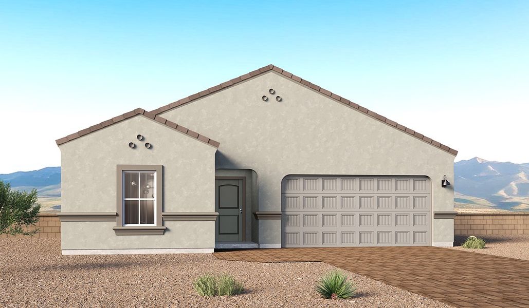 Front exterior of a new home in Solterra, Green Valley, AZ, highlighting curb appeal (Image 1). Front exterior of a new home in Solterra, Green Valley, AZ, highlighting curb appeal (Image 1).