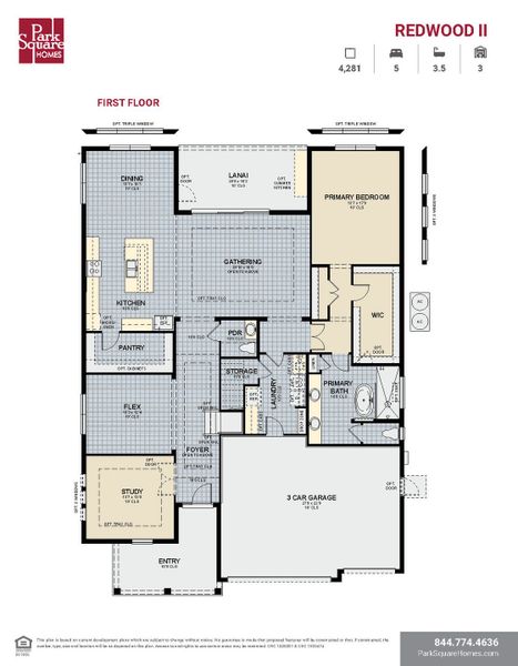 2D floor plan layout for the Redwood II by Park Square Residential in Tamarack at Two Rivers, Zephyrhills, FL (Image 3).