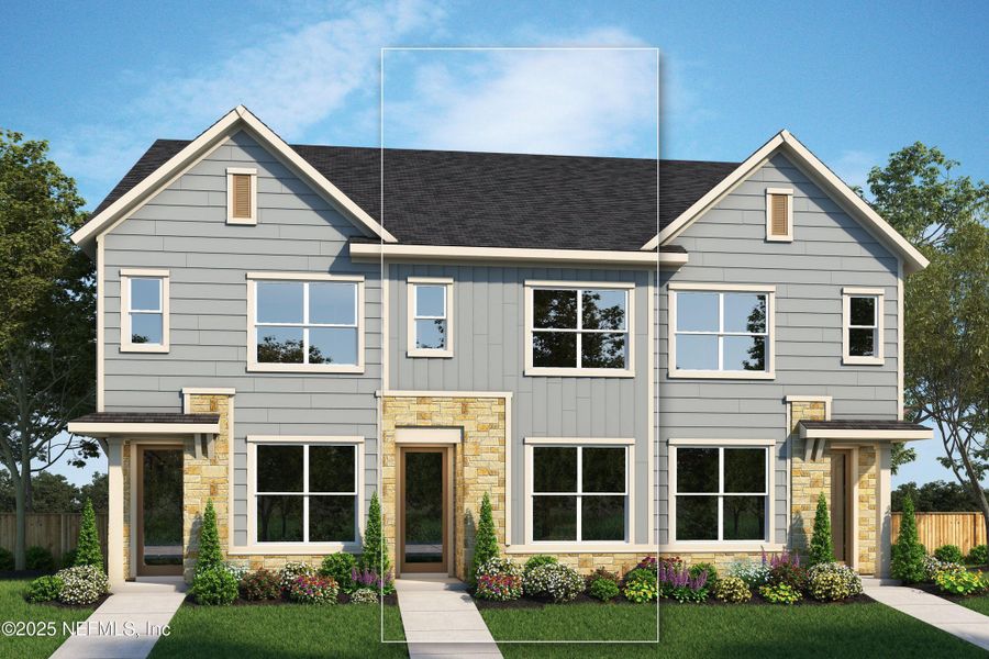 Front exterior of a new home in Kettering at eTown - Garden Collection, Jacksonville, FL, highlighting curb appeal (Image 1).