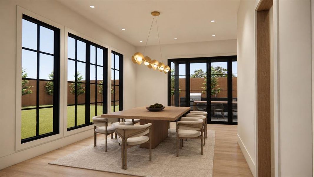 Rendering: Dining room with elegant finishes, and large windows. Located right off of living room, kitchen, and patio, perfect for entertaining.