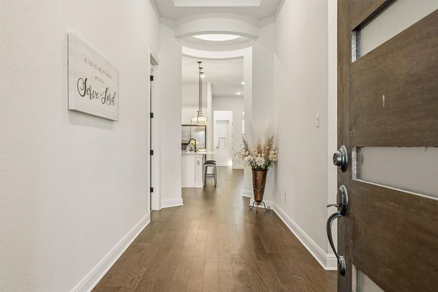 Foyer entrance featuring dark wood-type flooring and baseboards