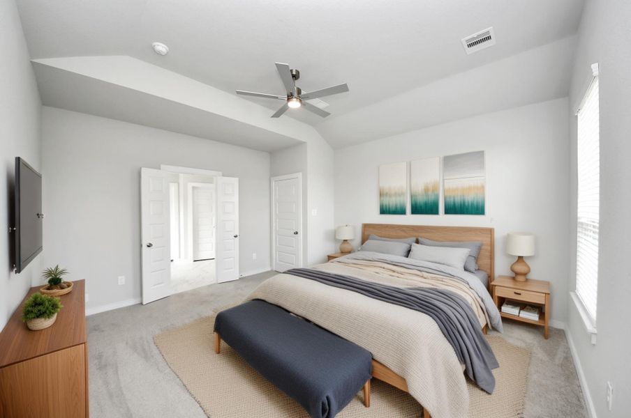 Virtually Staged - Primary Bedroom. Sample photo of completed home with similar floor plan. Actual colors and selections may vary. Virtually Staged - Primary Bedroom. Sample photo of completed home with similar floor plan. Actual colors and selections may vary.