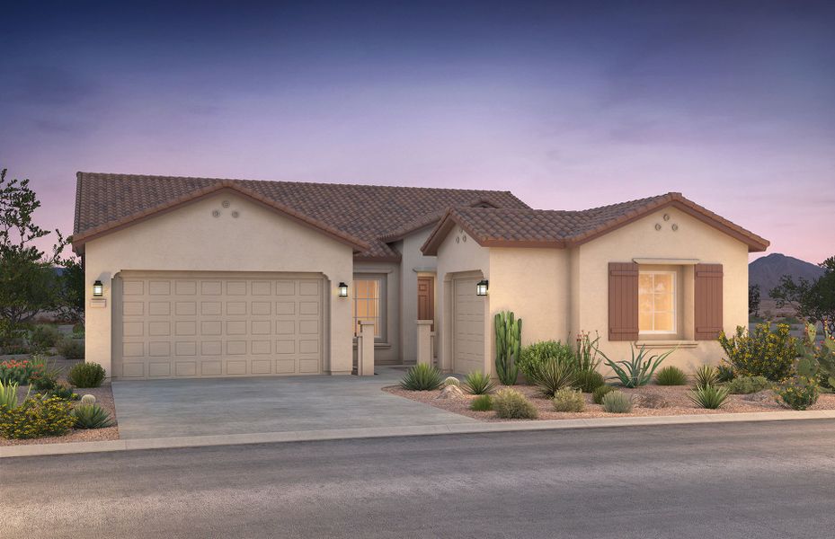 Front exterior of a new home in Legado West, Gilbert, AZ, highlighting curb appeal (Image 1). Front exterior of a new home in Legado West, Gilbert, AZ, highlighting curb appeal (Image 1).