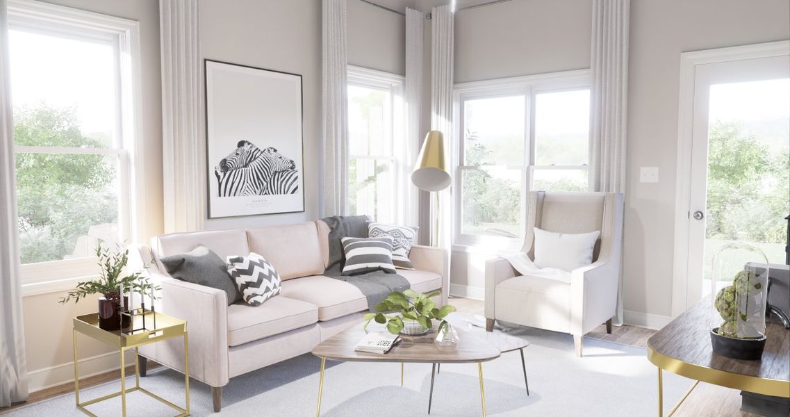 Virtually staged rendering - features may vary. Living Room