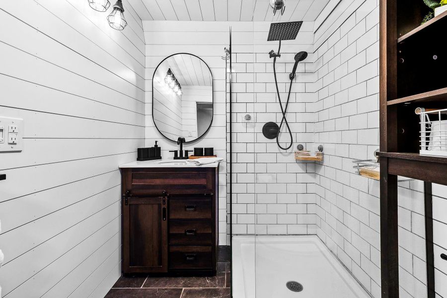 Notice the stylish subway tile and shiplap wall Notice the stylish subway tile and shiplap wall