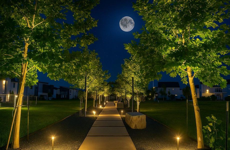 Moonlit lighted path to the Community Pool