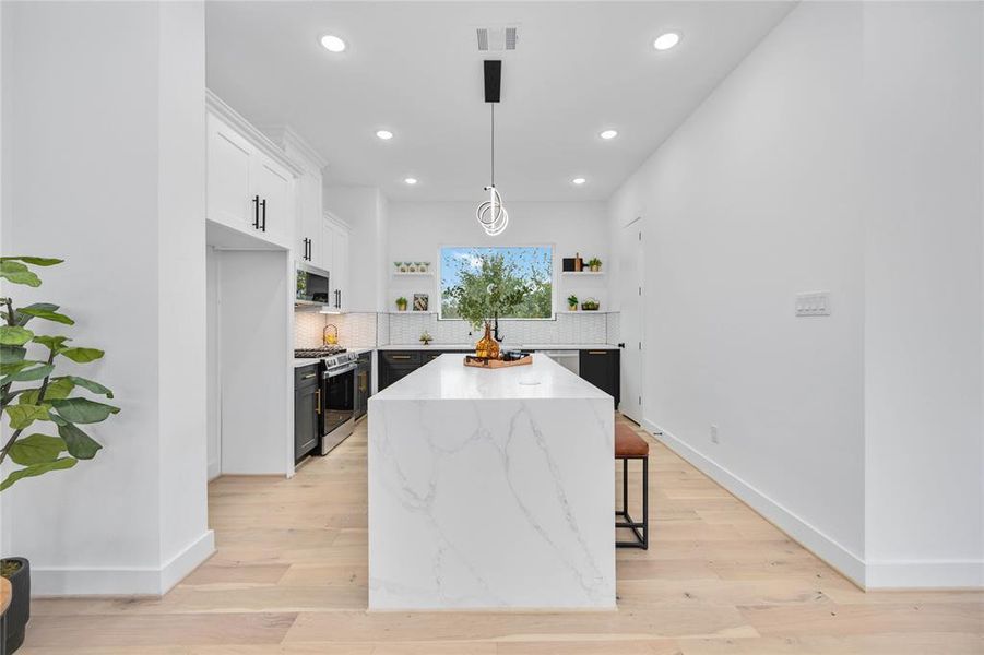 Contemporary, open concept kitchen with high-end finishes