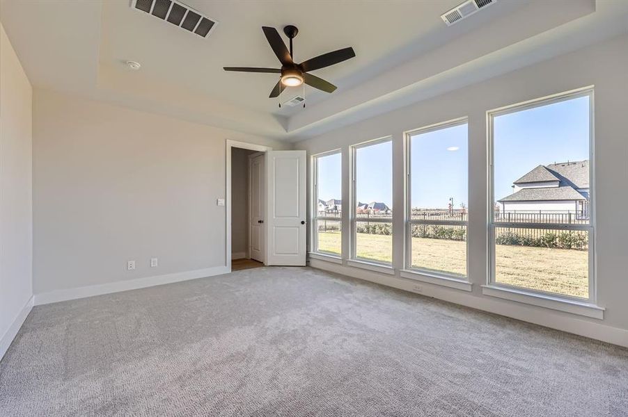 Empty room featuring carpet flooring, ceiling fan, and a tray ceiling