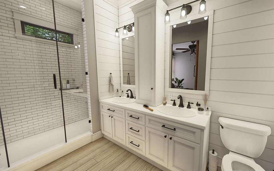 Double sinks for convenience & a walk-in shower!
