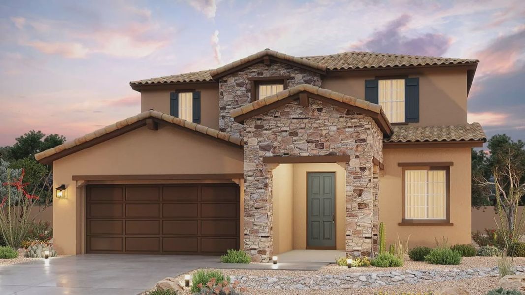 Representative exterior photo of a completed home built from the Parma by Brightland Homes in The Lakes at Rancho El Dorado, Maricopa, AZ (Image 2). Representative exterior photo of a completed home built from the Parma by Brightland Homes in The Lakes at Rancho El Dorado, Maricopa, AZ (Image 2).