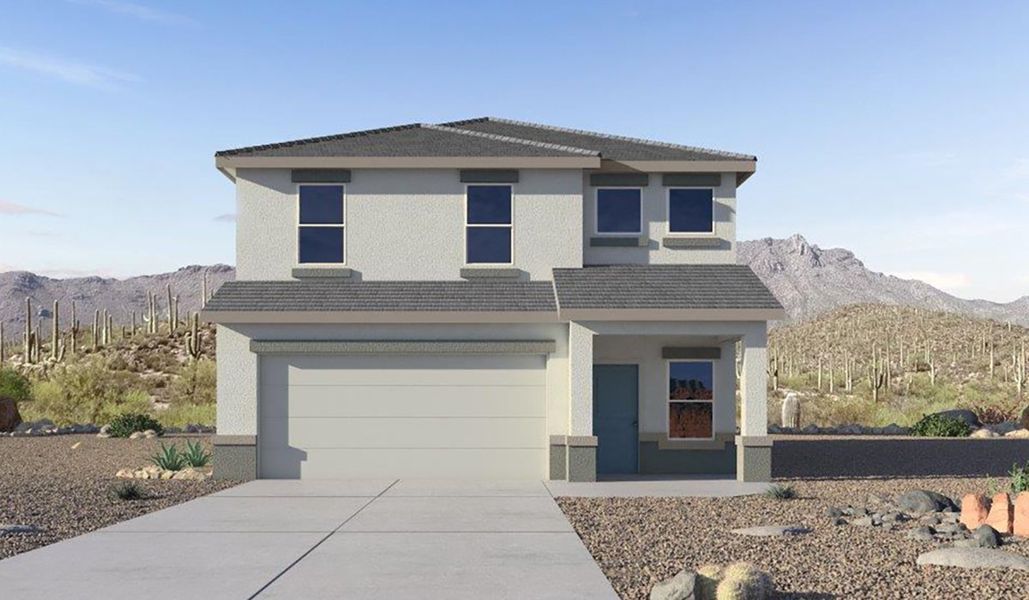 Front exterior of a new home in Hanson Ridge, Vail, AZ, highlighting curb appeal (Image 1). Front exterior of a new home in Hanson Ridge, Vail, AZ, highlighting curb appeal (Image 1).