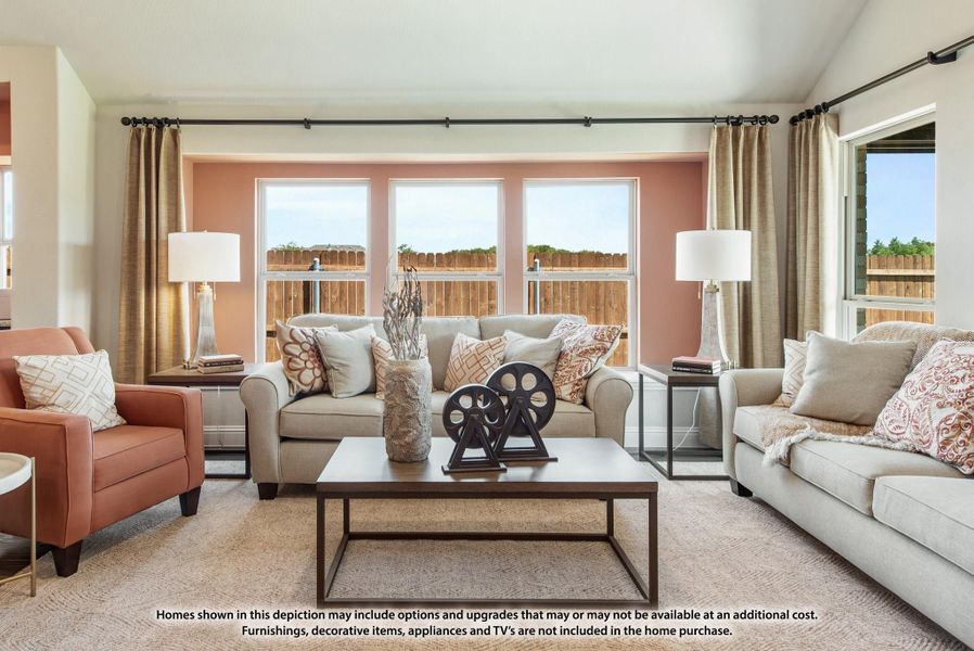 Living room with beige sofas, terracotta accent wall, bay windows, and a wood coffee table on a neutral rug Living room with beige sofas, terracotta accent wall, bay windows, and a wood coffee table on a neutral rug