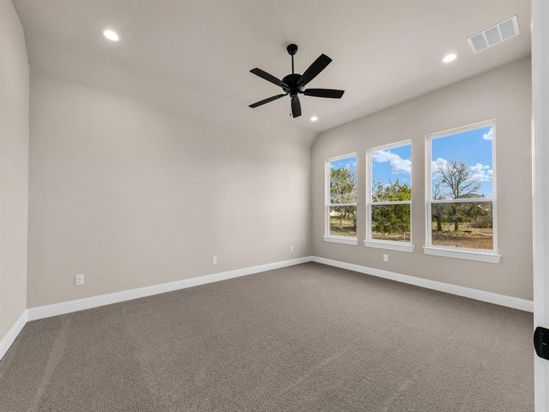 Carpeted spare room with ceiling fan