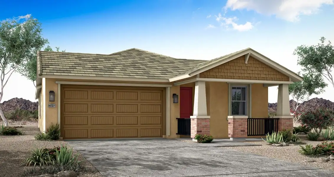 Front exterior of a new home in Mesquite at North Creek, Queen Creek, AZ, highlighting curb appeal (Image 1). Front exterior of a new home in Mesquite at North Creek, Queen Creek, AZ, highlighting curb appeal (Image 1).