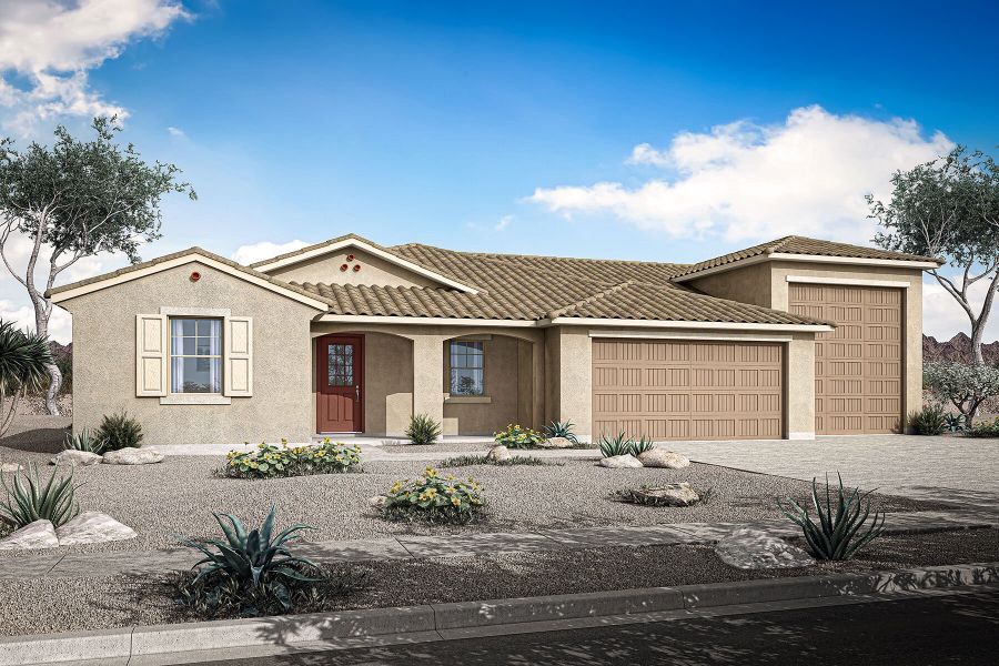 Representative exterior photo of a completed home built from the Mulberry by Mattamy Homes in Las Ventanas - RV Collection, Goodyear, AZ (Image 4). Representative exterior photo of a completed home built from the Mulberry by Mattamy Homes in Las Ventanas - RV Collection, Goodyear, AZ (Image 4).