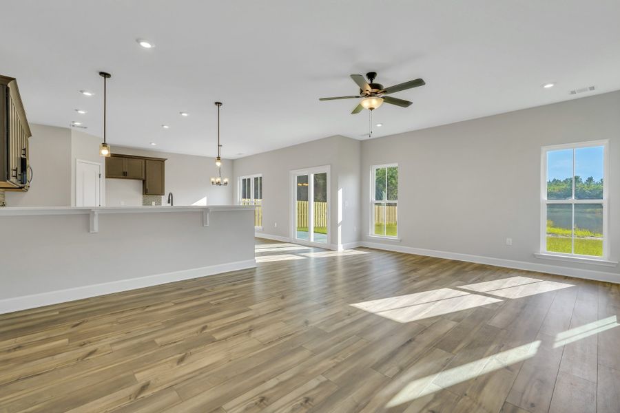 Edisto Great Room View of Open Concept Kitchen and Dining